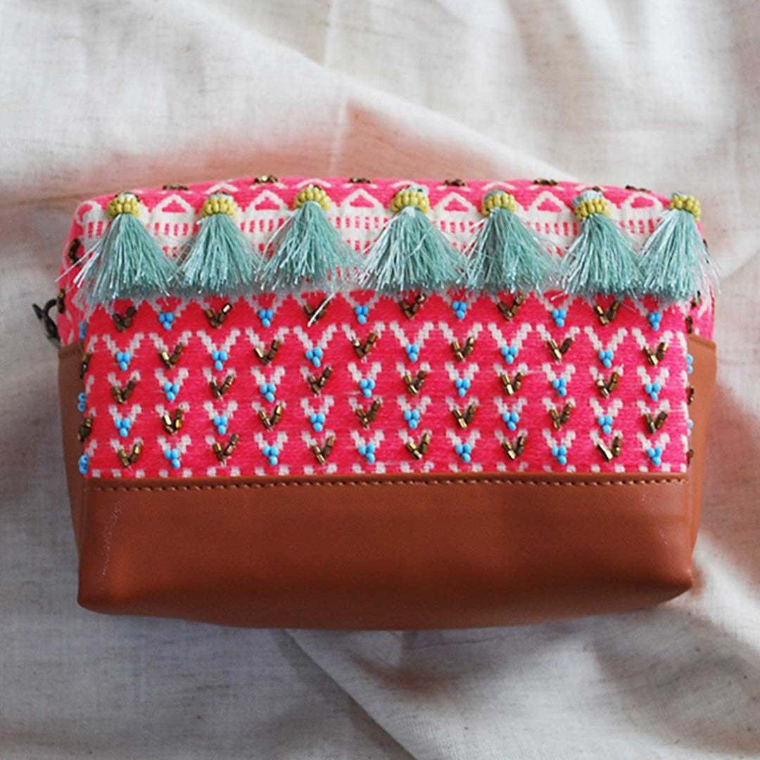 Handmade Embroidered Pink Color Jacquard Pouch