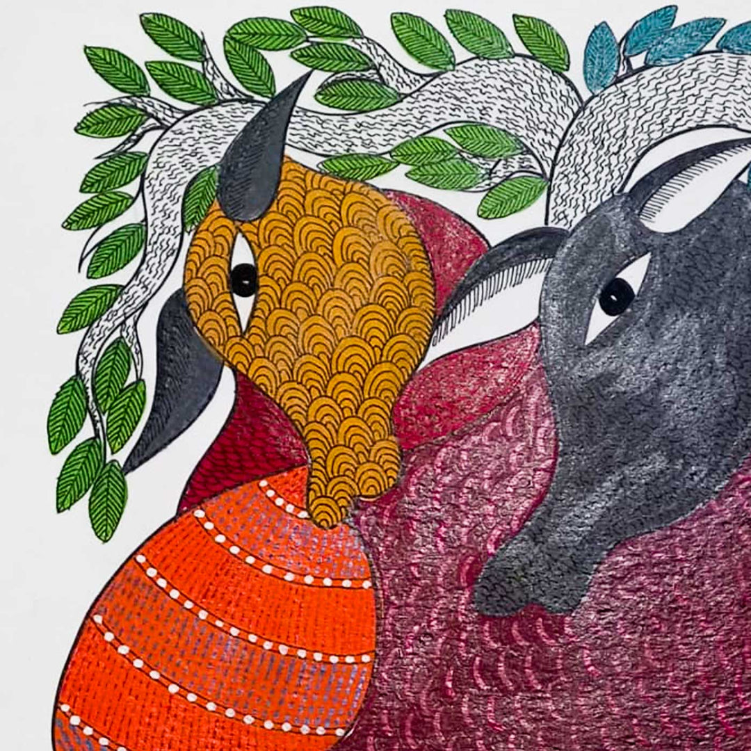 11 x 15 Inch | In the Shade of the Tree | Original Hand Painted Tribal Gond Art Painting | Acrylic Paints On Paper