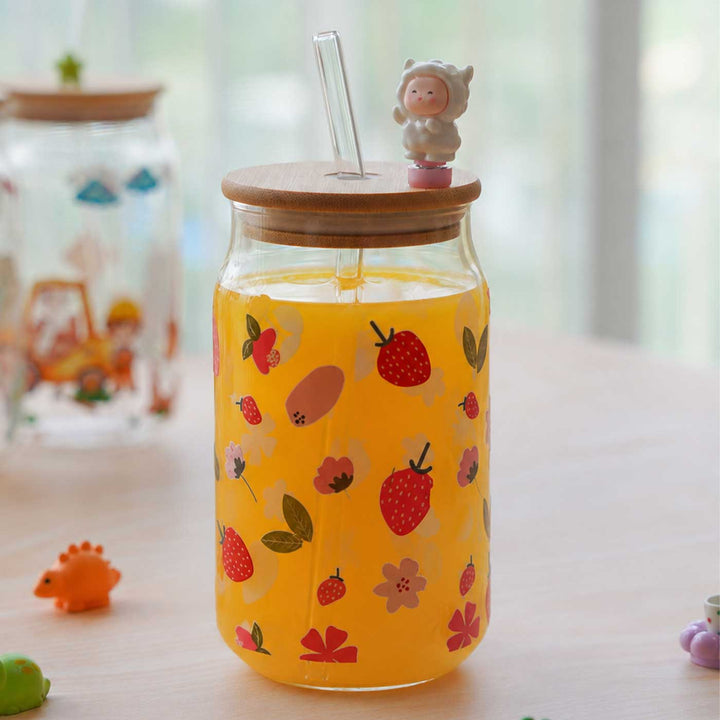 Cute Printed "Strawberry" Theme Glass Tumbler With Straw For Kids