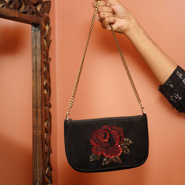 Hand Embroidered Rosette Black Baguette Bag