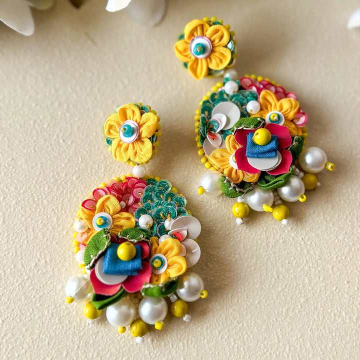 Hand Embroidered Beaded Floral Garden Of Eden Style Cotton Earrings