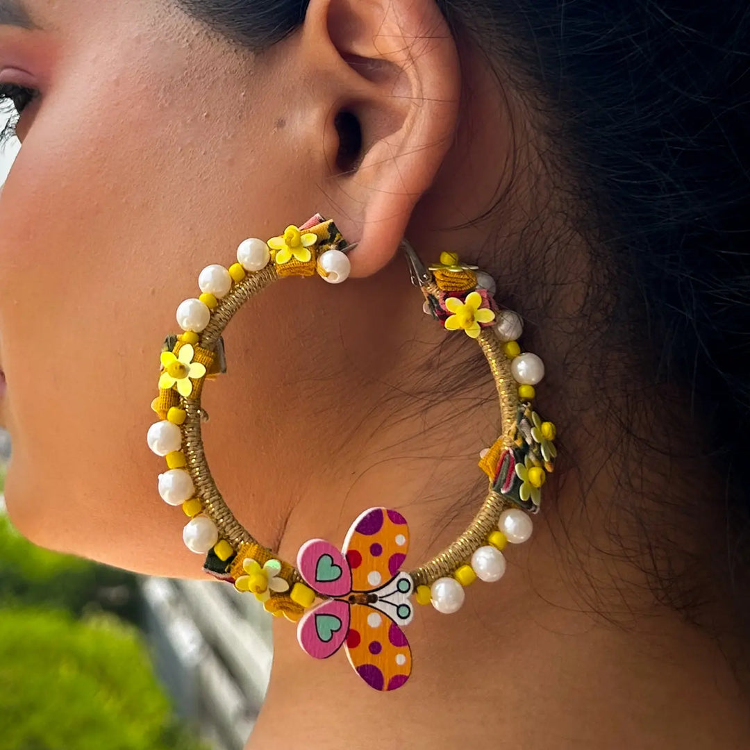 Hand Embroidered Beaded Butterfly & Floral Garden Theme Hoop Cotton Earrings