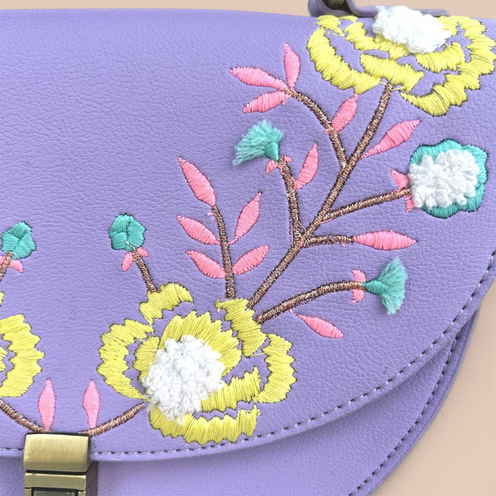 Handmade Embroidered Flower Design Purple Rexine Sling Bag