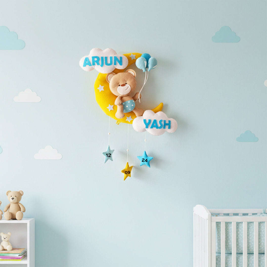 Hand-stitched Teddy Themed Felt Moon Nameplate with Birthdate For Kids