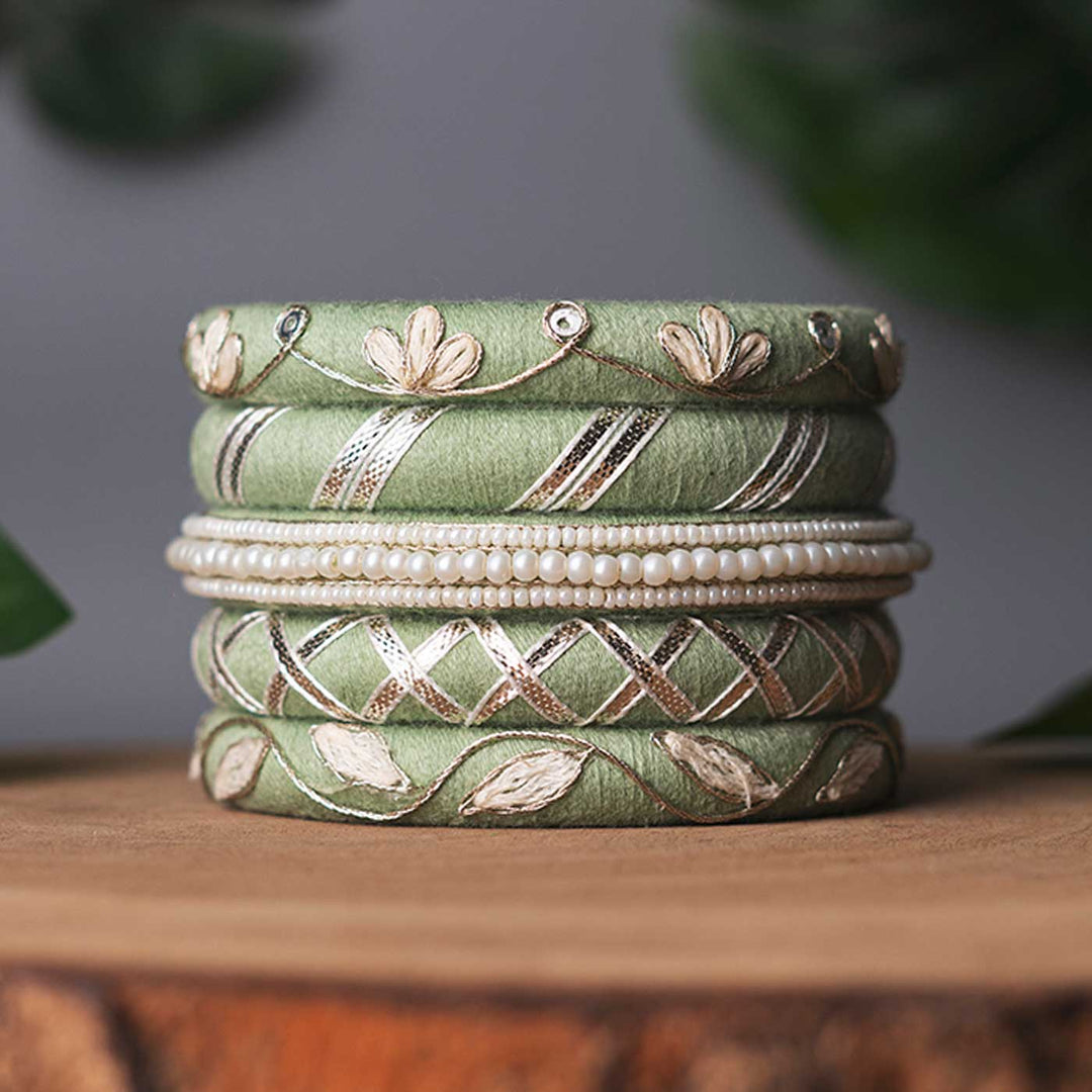 Pastel Green Handcrafted Silver Gotta Patti Bangles | Set of 5