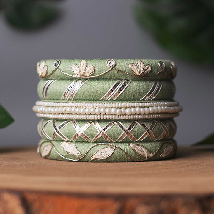 Pastel Green Handcrafted Silver Gotta Patti Bangles | Set of 5