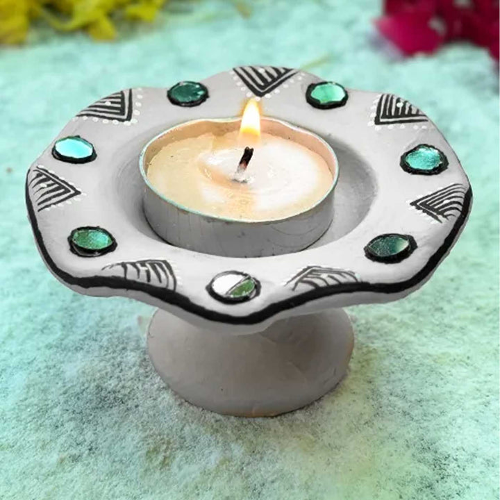 Set of 6 | White Hand-Painted Flower-Shaped Terracotta Diya Tealight Holders For Festive Decor