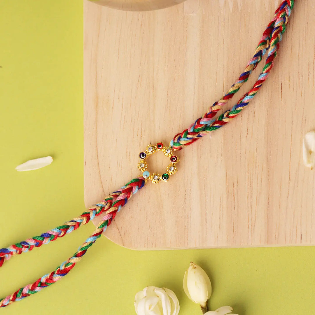 Handmade Multicolor Evil Eye Rakhi With Roli Chawal