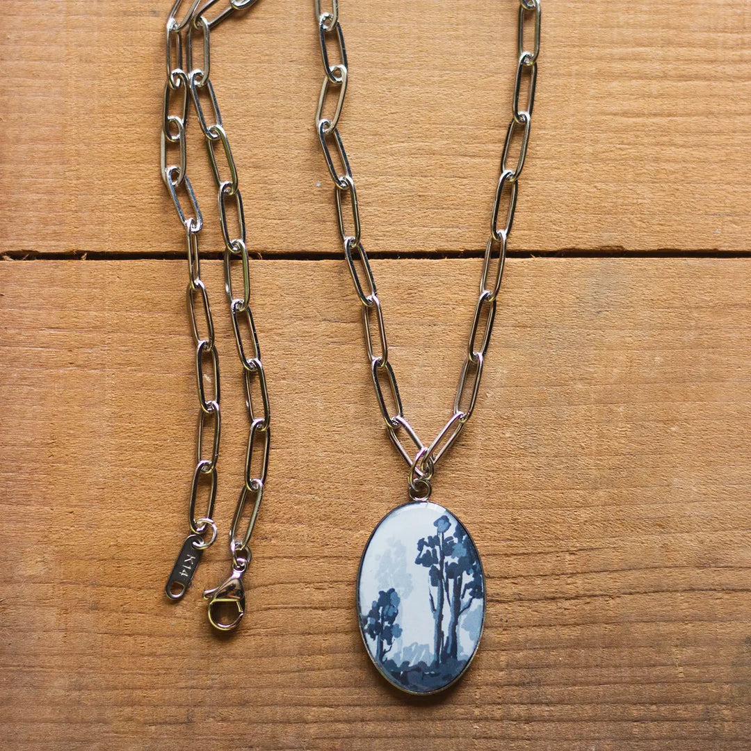 Illustrated Vintage Forest Design Resin & Stainless Steel Necklace