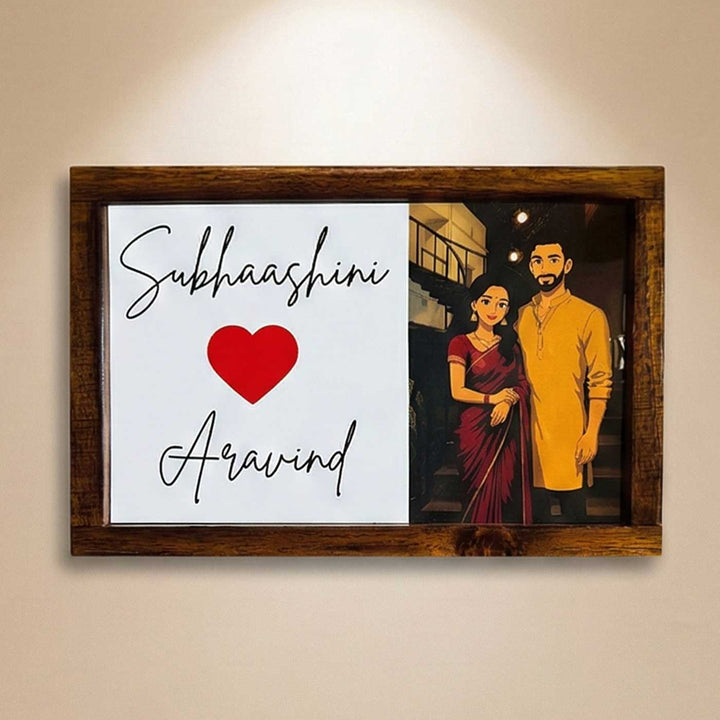 Couple Caricature Photo Personalized Resin Wooden Frame Name Plate