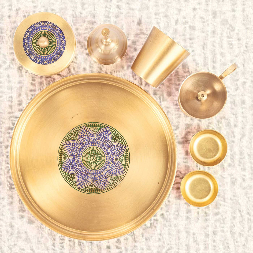 Hand-Painted Astha Pujan Brass Gift Hamper | Includes 1 Bell, 1 Diya, 2 Kumkum Katori, 1 Prasad Box, 1 Glass And 1 Pooja Plate