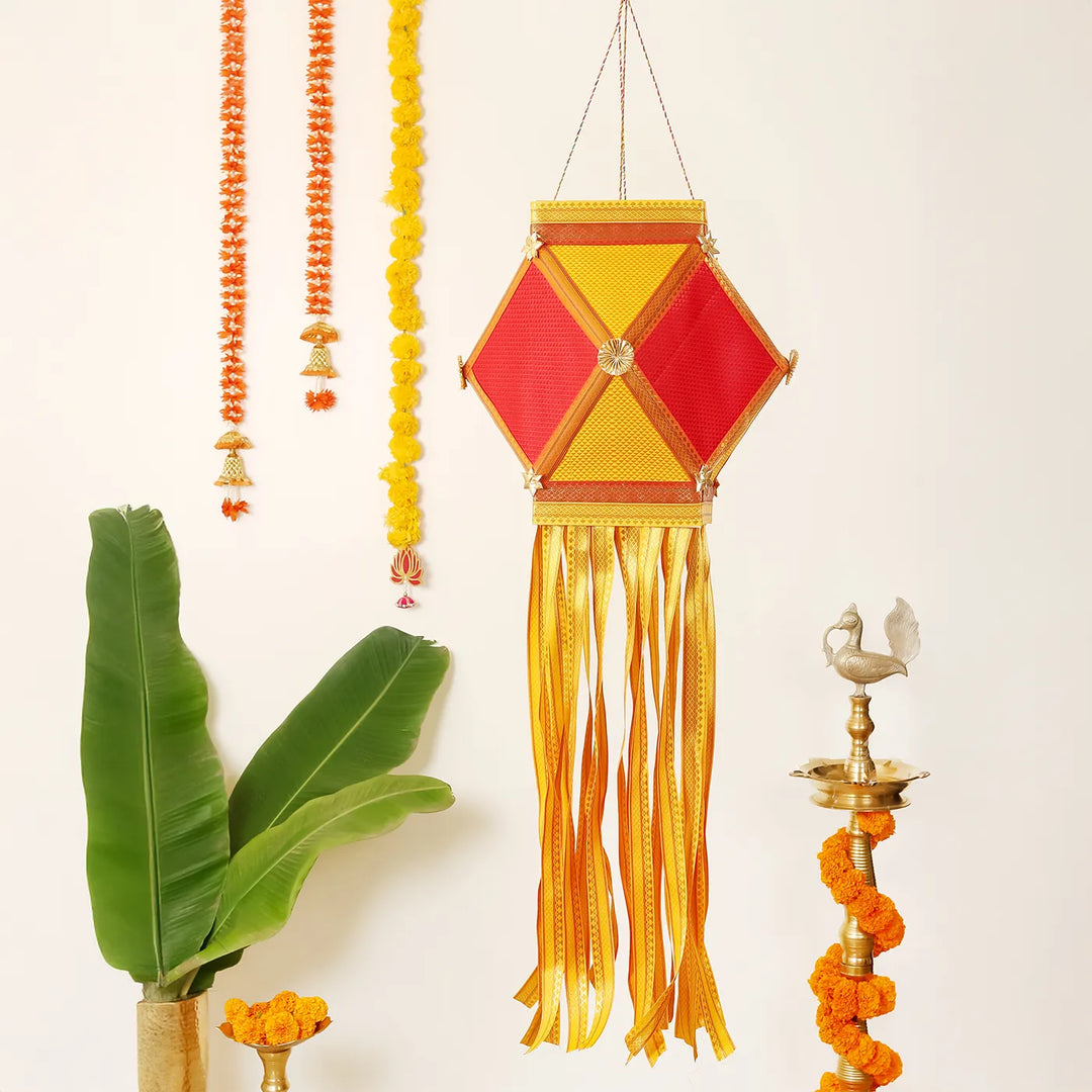 Handmade Decorative Red & Yellow Premium Khun Fabric Akash Kandil/Lantern