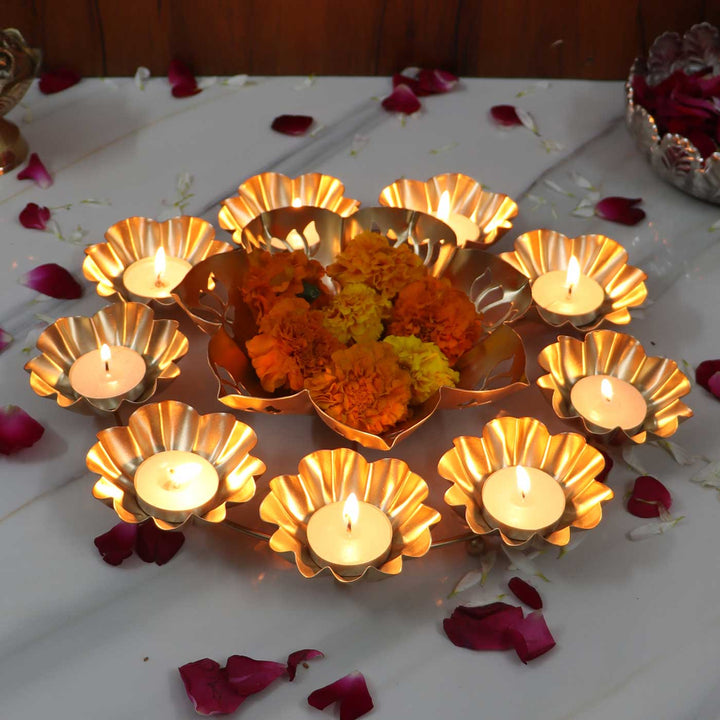 Handmade Etched Kamal Cut Flower Urli With 9 Tealight Holders Around For Festive Decor