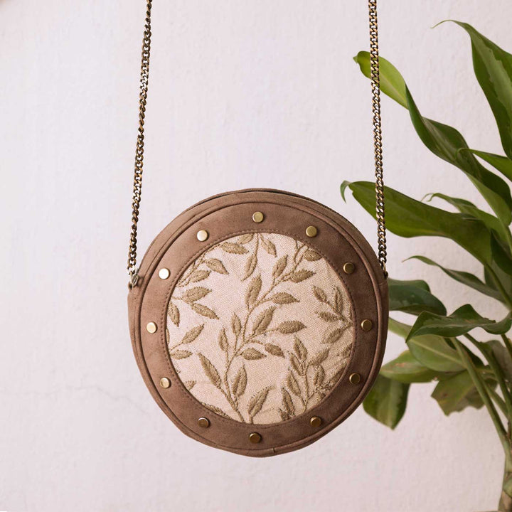 Personalized Embroidered Leafy Gray Round Sling Bag