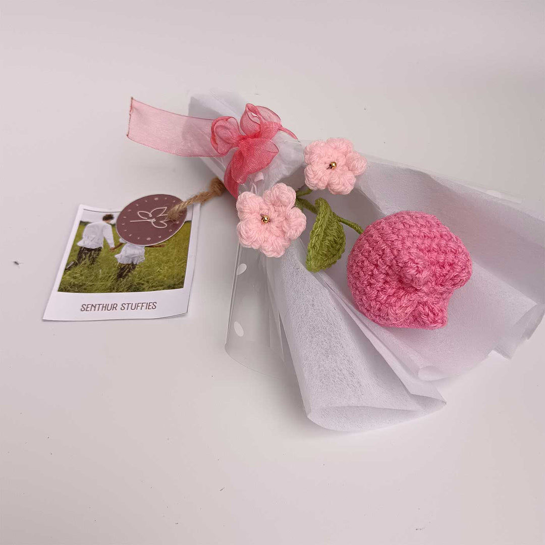 Handmade Crochet Pink Tulip Mini Flower Bouquet | Includes Photo & Greeting Card