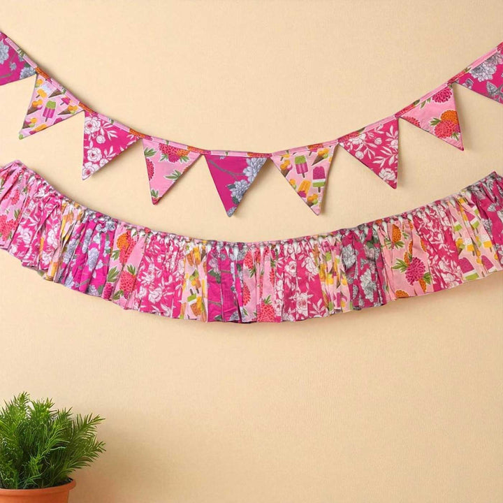 Handmade Pink Floral Upcycled Fabric Bunting & Garland | Set Of 2