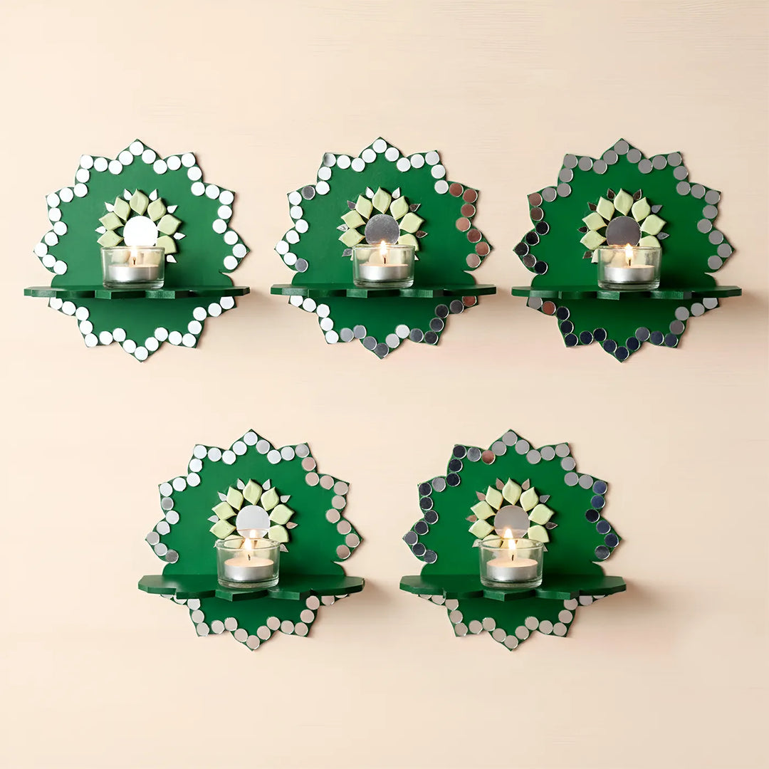Hand-Painted Mirror Work Green Shimmer MDF Wood Tealight Holder