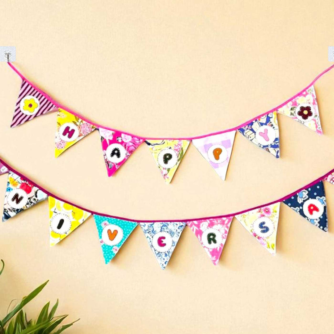 Handmade Multicolored "Happy Anniversary" Upcycled Fabric Bunting