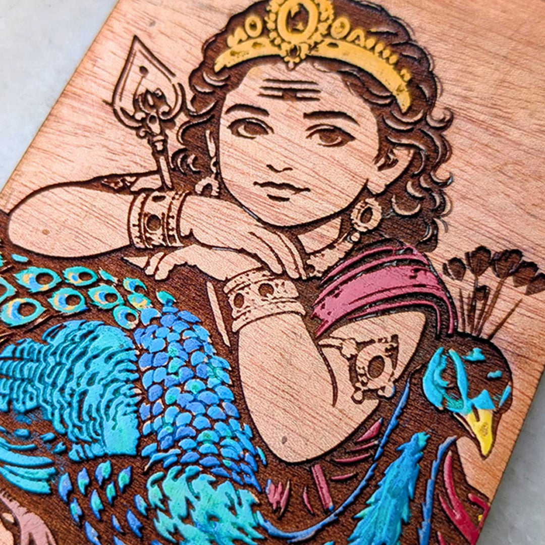 Engraved & Hand-Painted Murugan with Mayil Mahogany Wood Fridge Magnet
