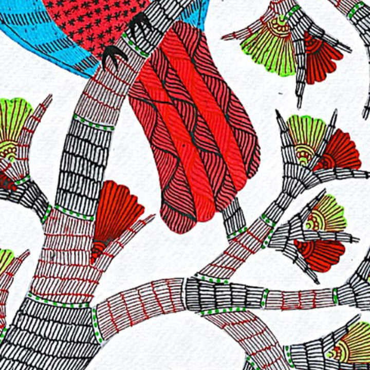 11 x 15 Inch | Owl on a Branch | Original Hand painted Tribal Gond Art Painting | Acrylic Paints On Paper