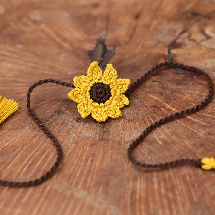 Handmade Crochet Sunflower Theme Kids Rakhi With Roli Chawal