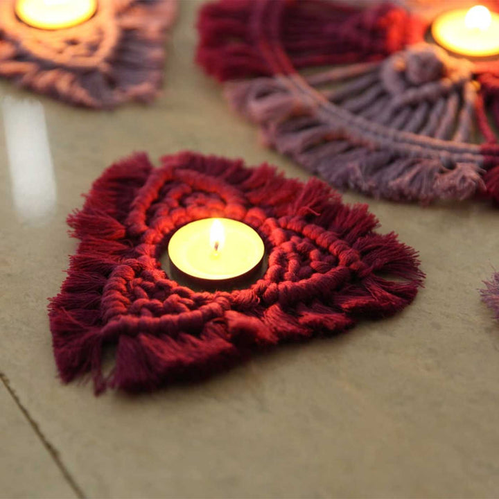Handmade Macrame Rangoli Design Cotton Tealight Holder | Includes 1 Center Piece, 6 Small Pieces And 10 Tea Light Candles