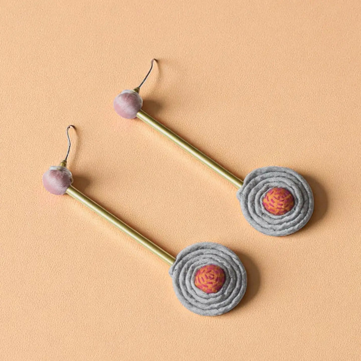 Handmade Textile Art Round Hanging Dupion Silk Fabric Earrings