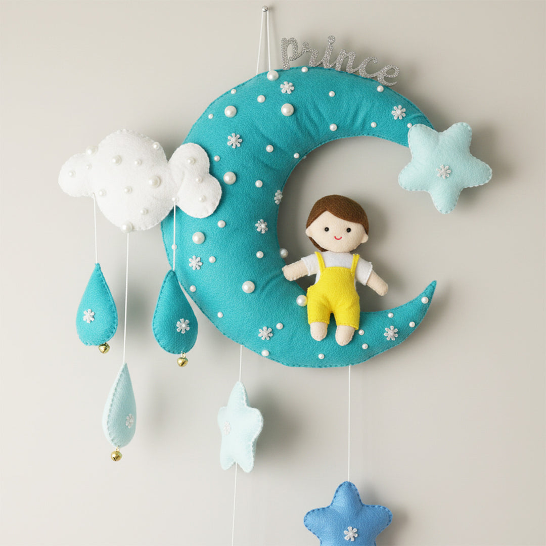 Personalized Handmade Moon Theme Felt Kids Name Plate With Date of Birth