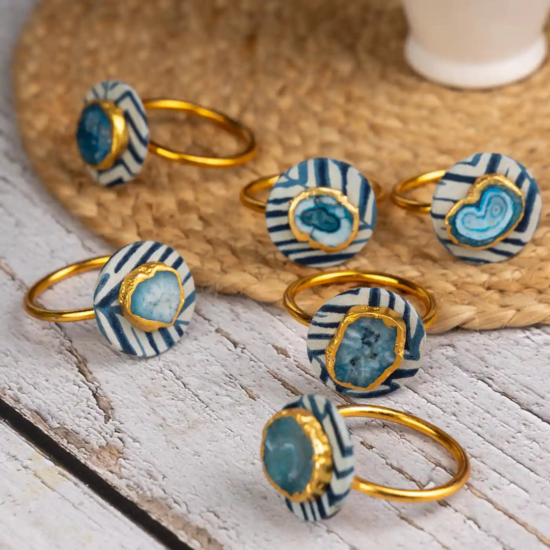 Blue Cotton Fabric Coated MDF Napkin Rings With Agate Accent | Set of 6