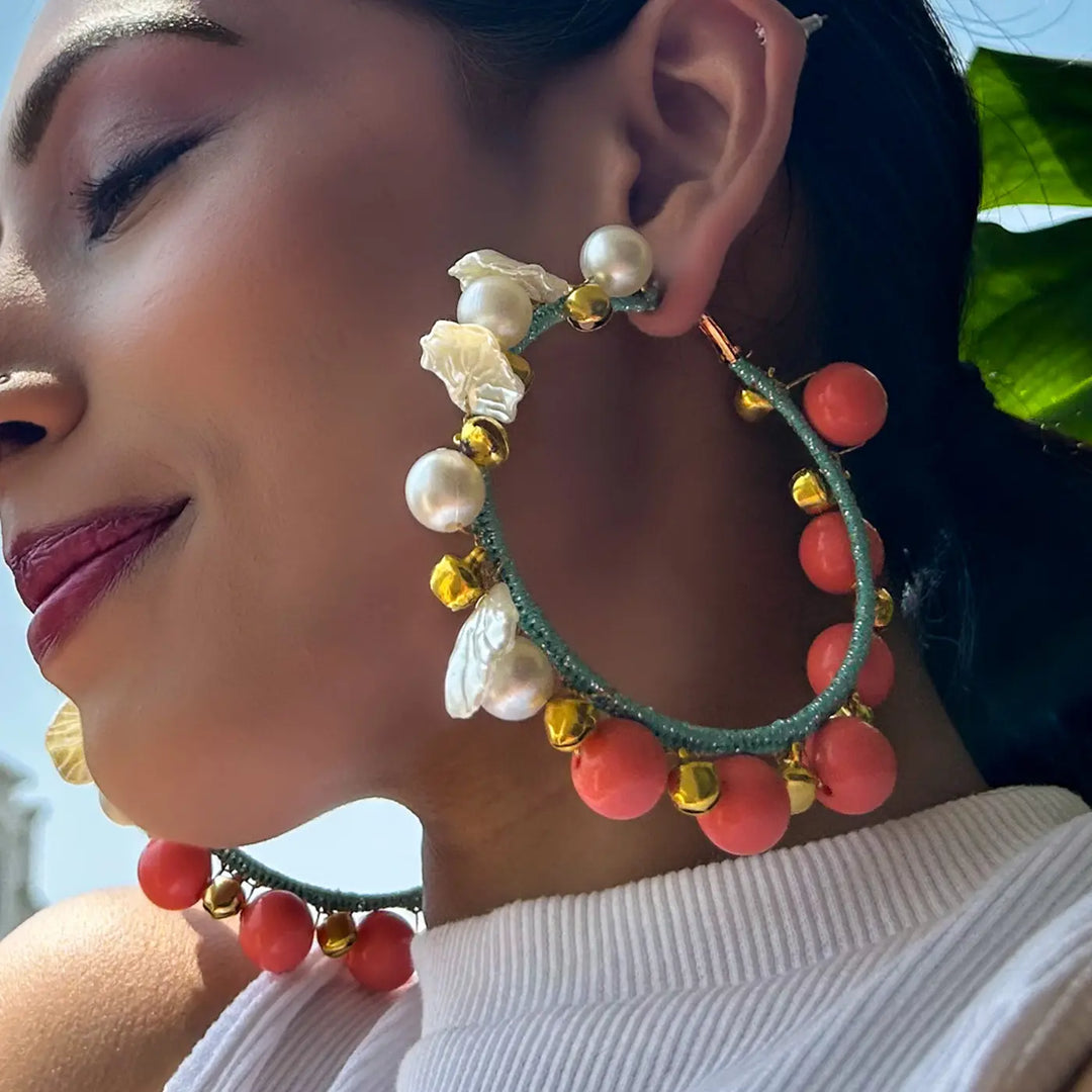 Hand Embroidered Beaded Ghungroo Thread Wrapped Hoop Cotton Earrings