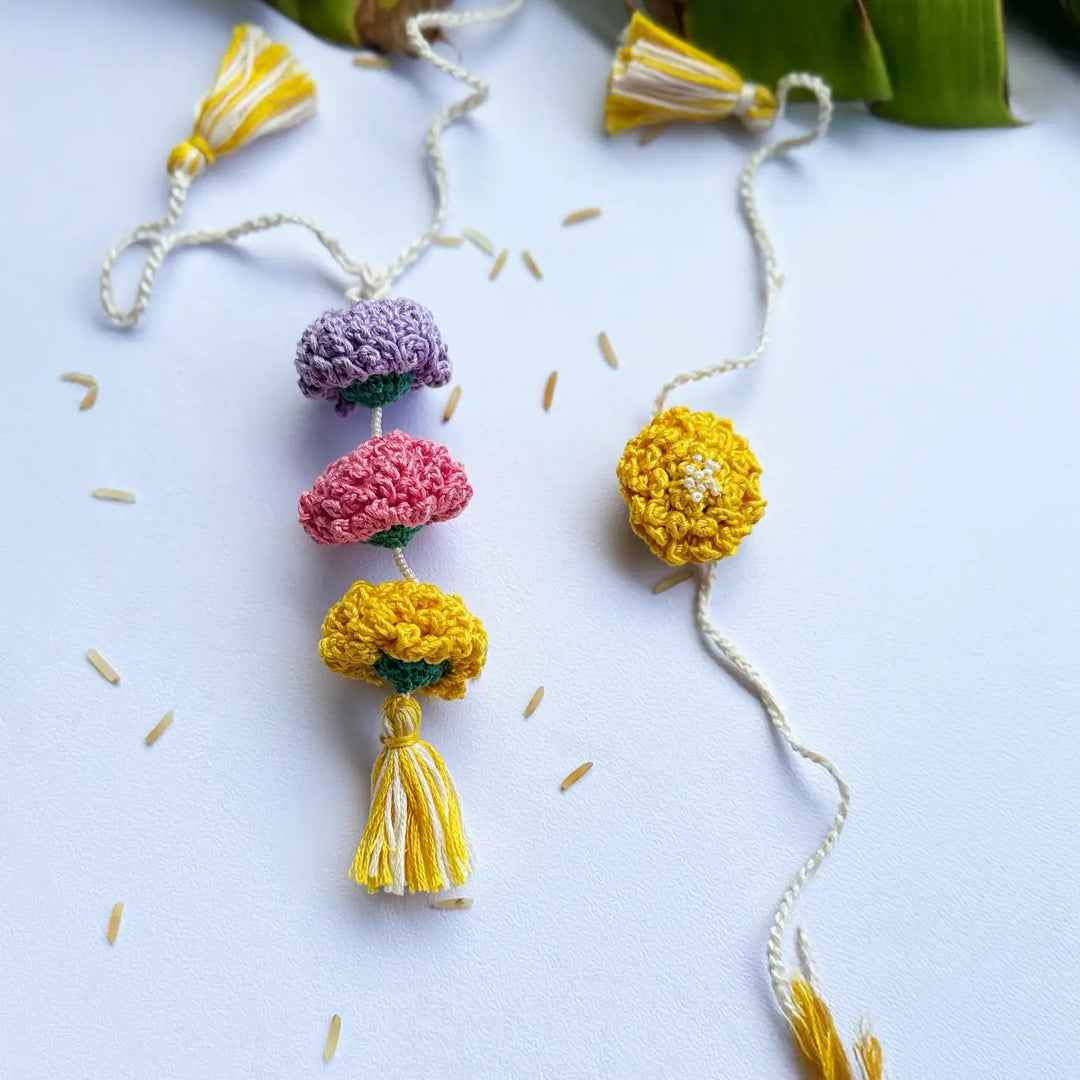 Handmade Crochet Marigold Bhaiya Bhabhi Rakhi With Roli Chawal | Set Of 2