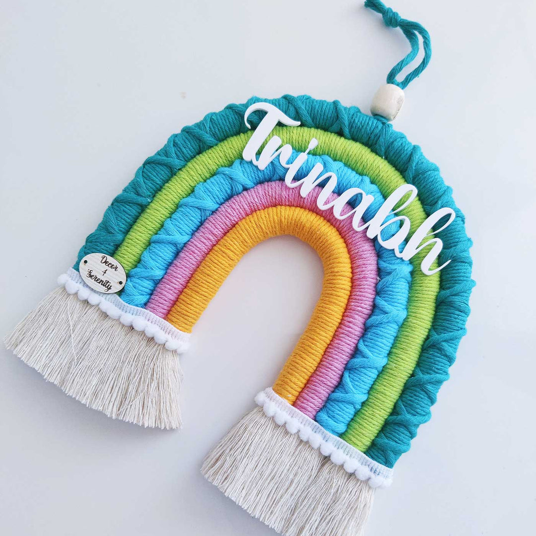 Personalized Handmade Macrame Green & Blue Rainbow Kids Name Plate With 3D Letters