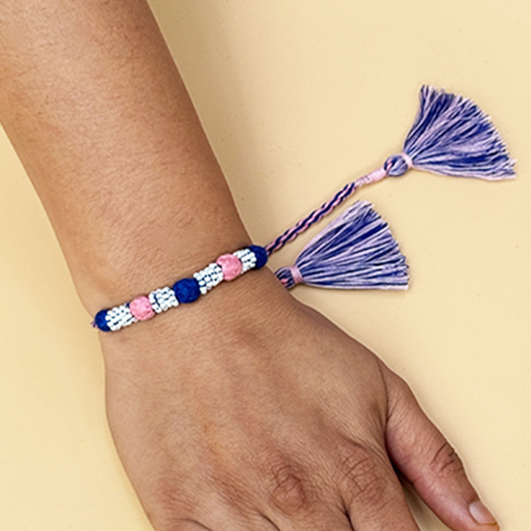 Handmade Reusable Blue And Light Pink Beaded Patwa Rakhi For Brother