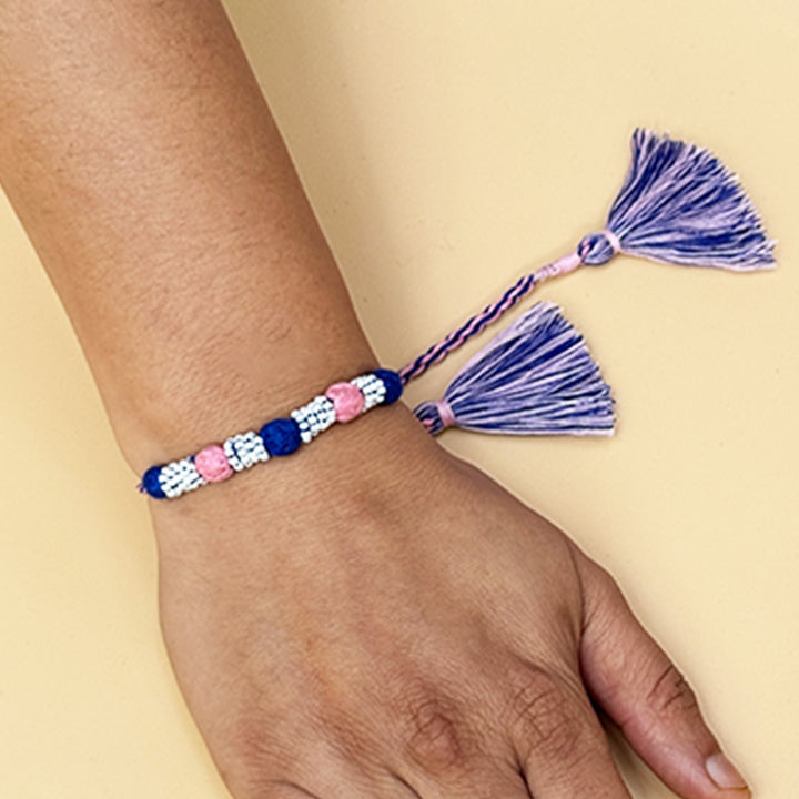 Handmade Reusable Blue And Light Pink Beaded Patwa Rakhi For Brother