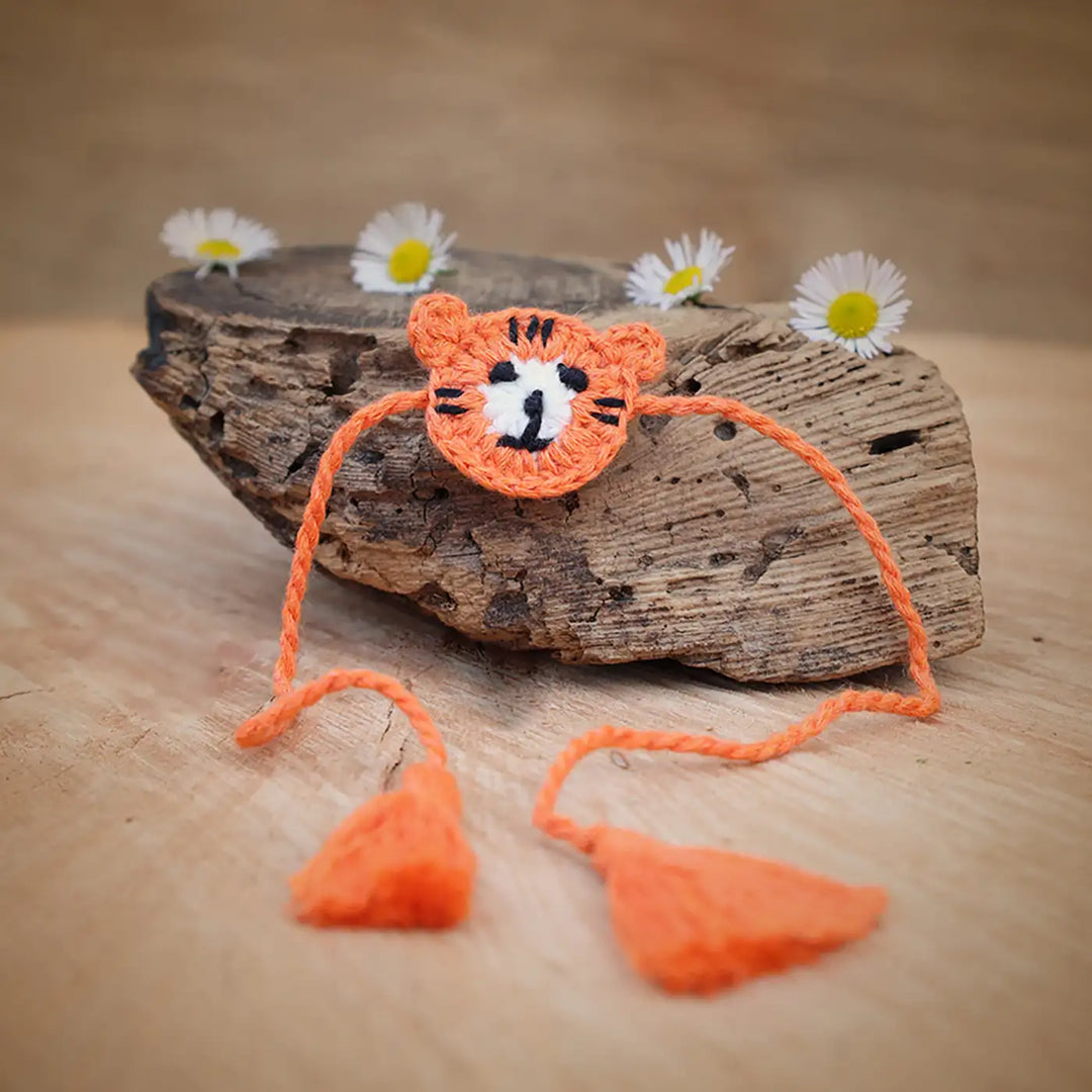 Handmade Crochet Tiger Theme Kids Rakhi With Roli Chawal