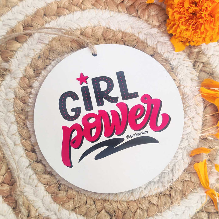 Photo Personalized Girl Power Rakhi Hamper For Sisters | Includes 1 Plaque, 1 Rakhi, 1 Chocolate, 1 Keychain, 1 Car Hanging, 1 Fridge Magnet & 1 Mug