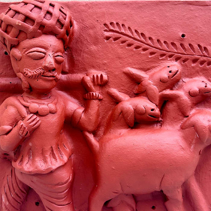 9 x 9 Inch | Cattle Grazer | 3D Handmade Terracotta Molela Mural Wall Art Tile