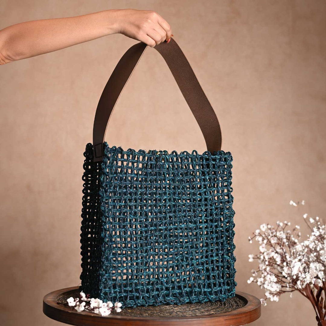 Handmade Grass Woven Box Shaped Leather Strap Sabai Mesh Tote Bag