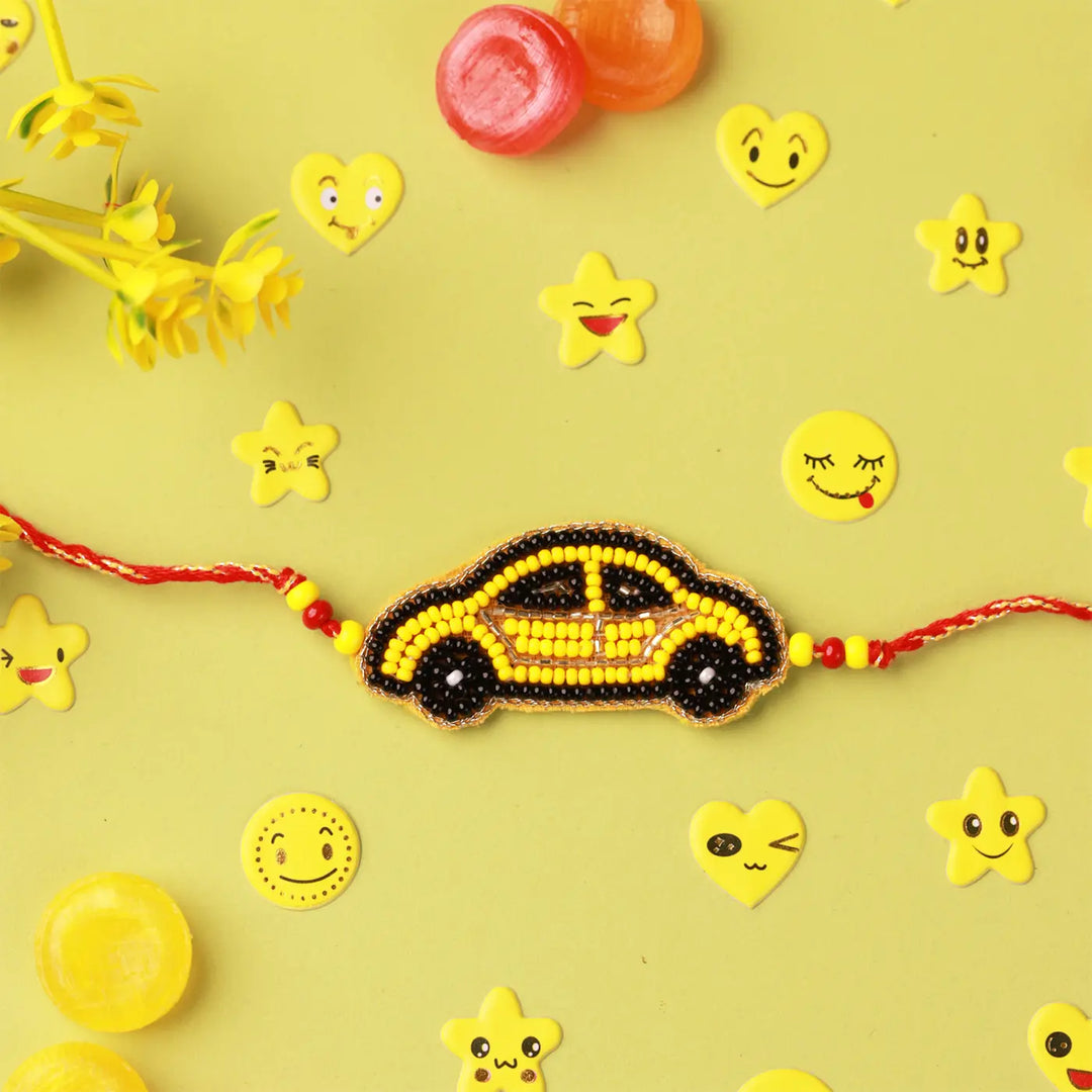 Handmade Beaded Black & Yellow Car Kids Rakhi With Roli Chawal
