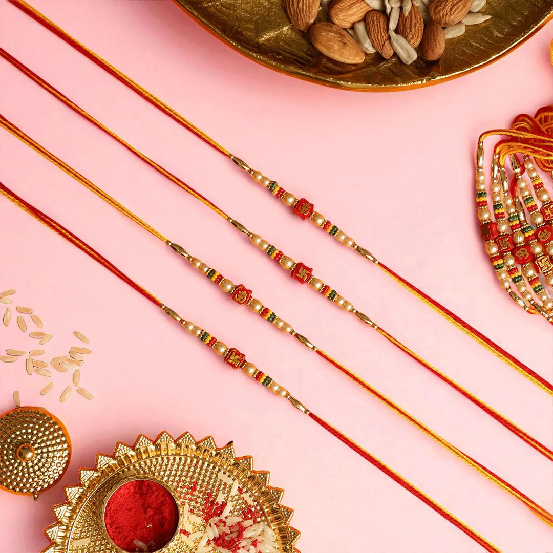 Handmade Om & Swastik Dori Rakhi With Roli Chawal | Set Of 12
