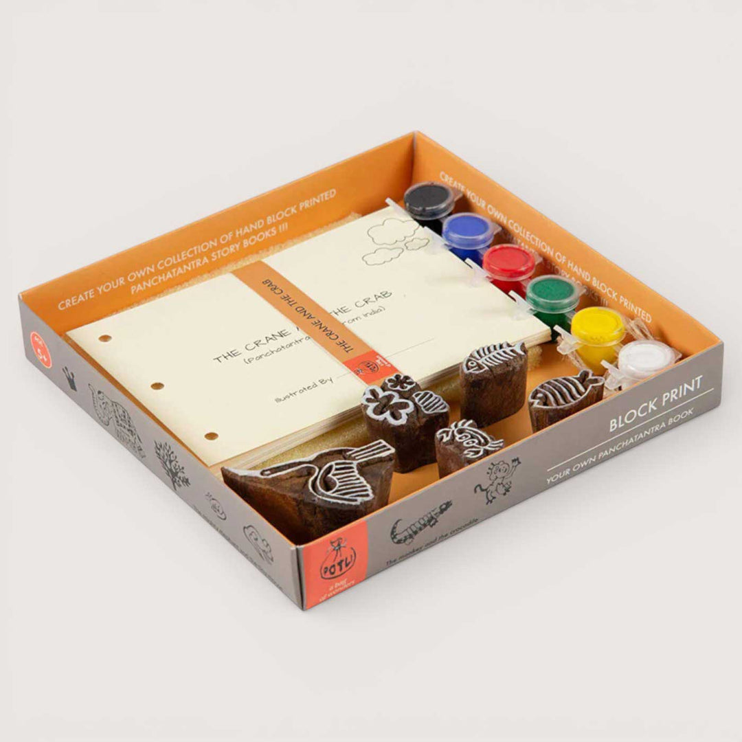 The Crane and Crab Panchatantra Block Printing DIY Kit | 5 Stamps, Poster Colours, Painting Brush, Printing Pads, Story Cards  And Jute String