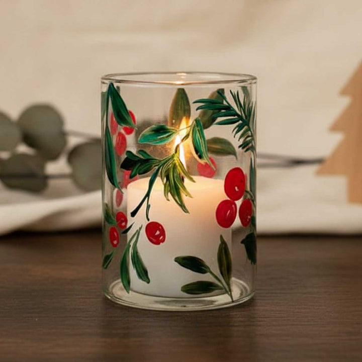 Handpainted Winterberry Glass Votive Candle Holder