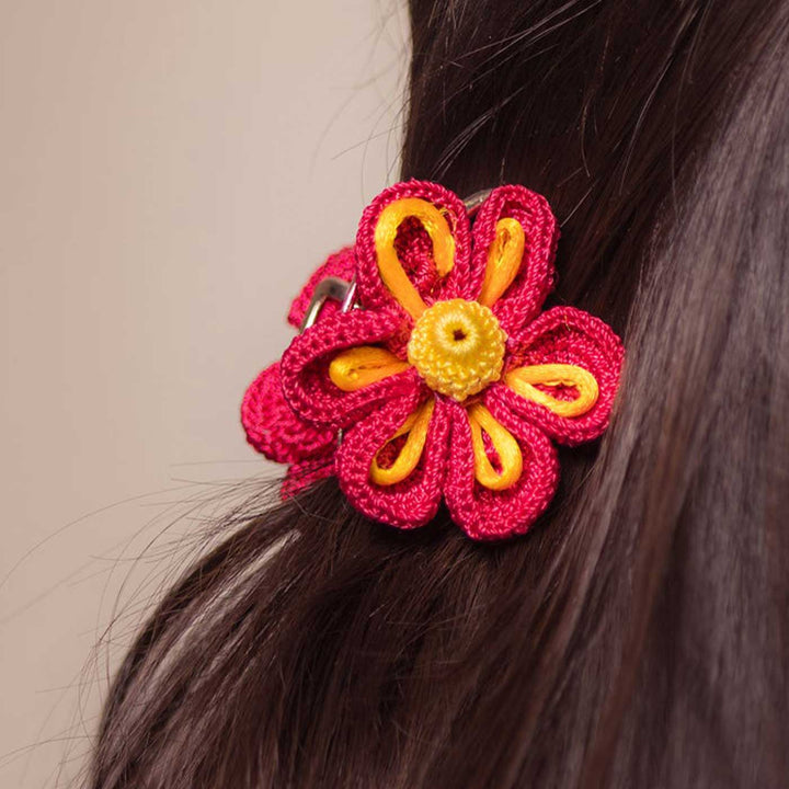 Handmade Crochet Guncha Red Zinnia Hair Clutch