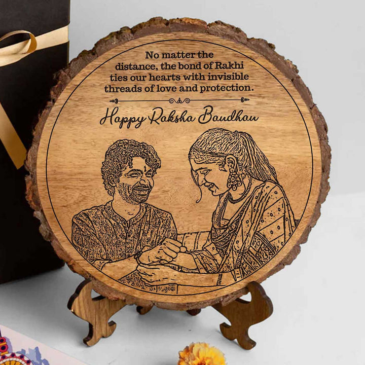 Photo Personalized Engraved Raksha Bandhan Theme Wooden Decorative Plaque Rakhi Hamper Includes 1 Rakhi 1 Plaque 1 Chocolate 1 Card And 1 Rakhi Plate - Close-up Front View of Plaque