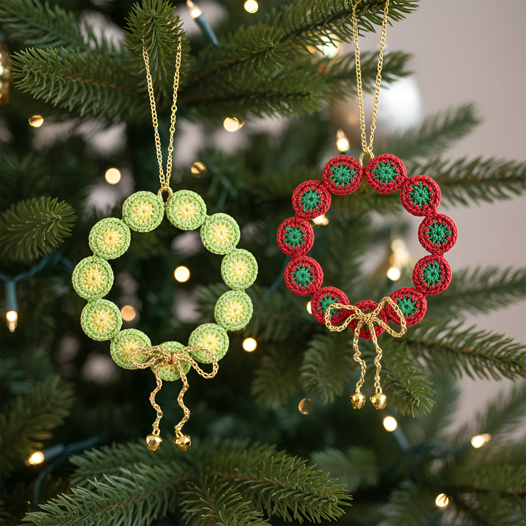 2 Pc | Handmade Green & Red Wreath Ornaments For Christmas Decoration