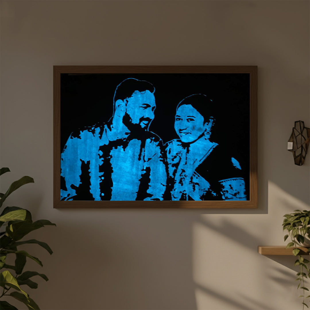Photo Personalized Glow in the Dark Hand Illustrated Portrait With Premium Wooden Frame