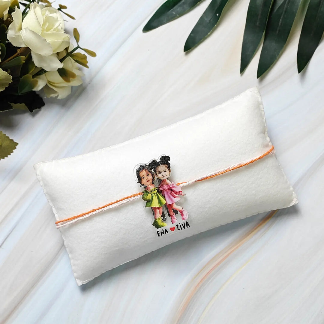 Photo Personalized Reusable Caricature Twin Sister Bond Theme Acrylic Kids Rakhi
