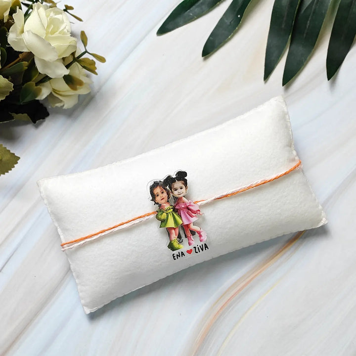 Photo Personalized Reusable Caricature Twin Sister Bond Theme Acrylic Kids Rakhi