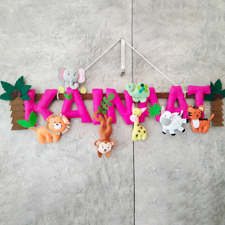 Personalized Pink Jungle Theme Felt Kids Name Plate