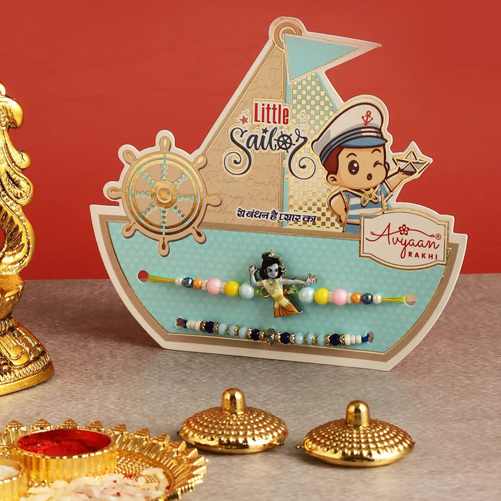Handmade Krishna Rakhi Hamper | Includes 1 Krishna With Flute Idol, 2 Rakhis, 1 Roli Chawal